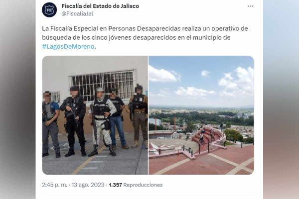 La Fiscalía de Jalisco montó un operativo para localizar a 5 jóvenes desaparecidos