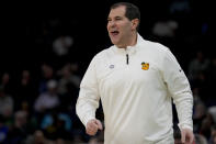 Baylor head coach Scott Drew yells to his players during the first half of a second-round college basketball game against Clemson in the NCAA Tournament, Sunday, March 24, 2024, in Memphis, Tenn. (AP Photo/George Walker IV)