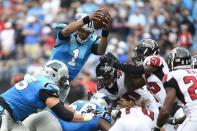 Nov 5, 2017; Charlotte, NC, USA; Carolina Panthers quarterback Cam Newton (1) reaches for a first down in the third quarter. The Panthers defeated the Falcons 20-17 at Bank of America Stadium. Bob Donnan-USA TODAY Sports
