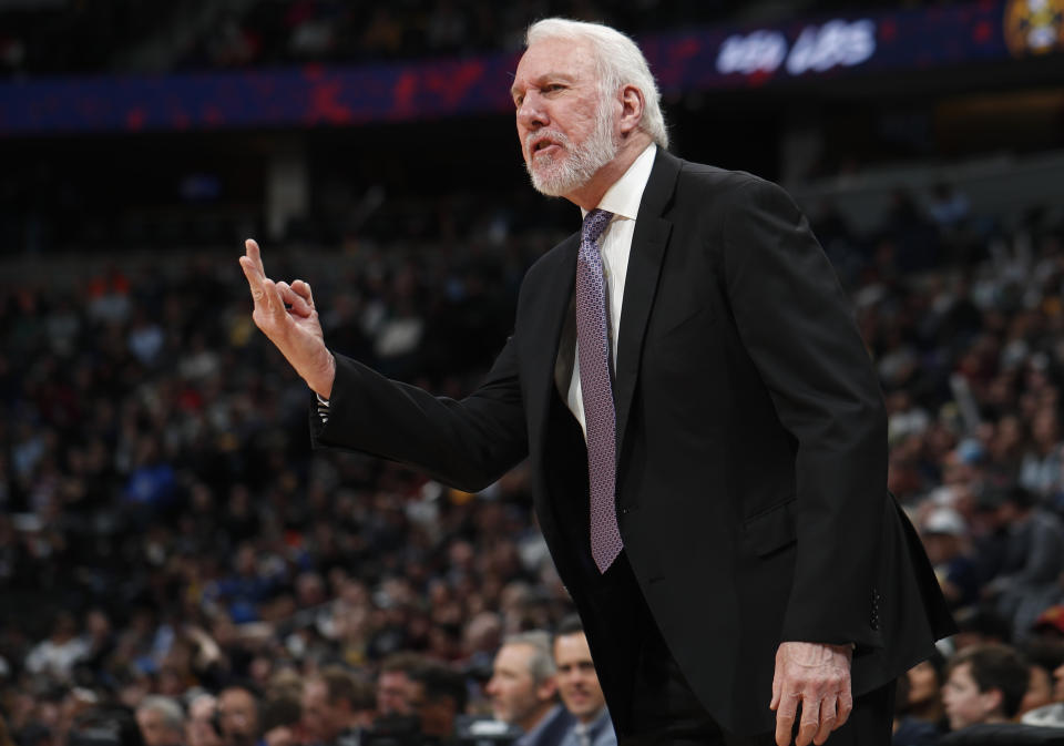 San Antonio Spurs head coach Gregg Popovich argues for a call against the Denver Nuggets in the first half of an NBA game on Feb. 10, 2020, in Denver. (AP Photo/David Zalubowski)