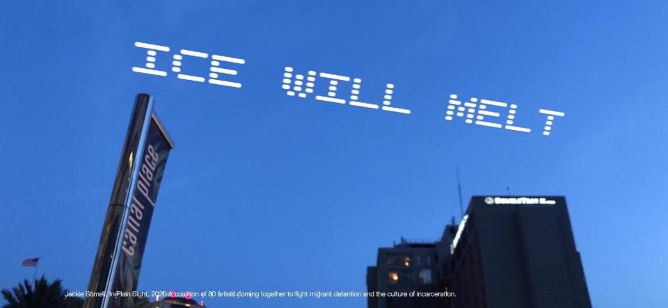 A mock up of the skytyped phrase "ICE WILL MELT," chosen by artist Jackie Sumell. It will be seen over the USCIS Field Office during the In Plain Sight day of action over July 4 weekend in New Orleans. (Photo: Captured via the 4th Wall Augmented Reality App)