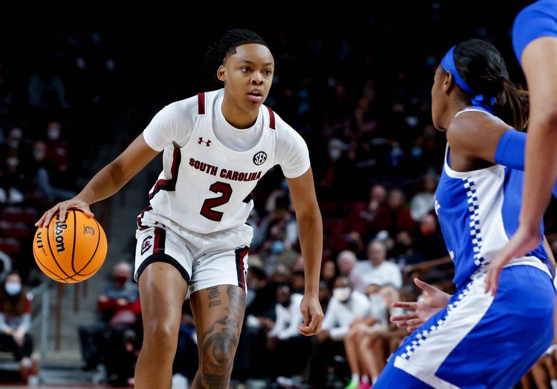 Before transferring to Kentucky this offseason, former South Carolina guard Eniya Russell (2) averaged three points a game against the Cats in four appearances vs. UK.