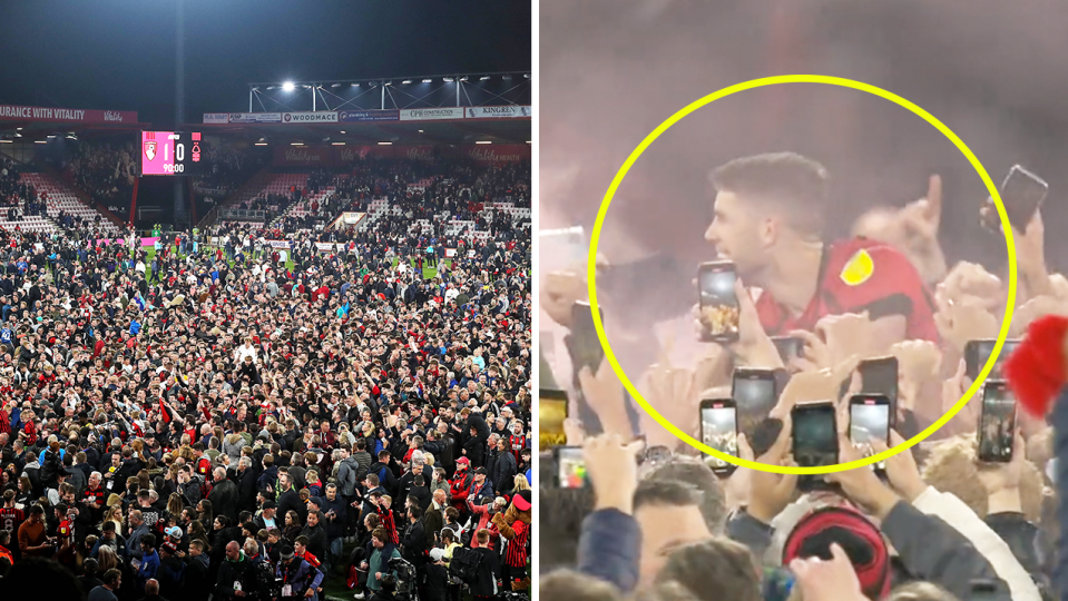 Fans swarm Bournemouth's Vitality Stadium (pictured left) as players are hoisted high celebrating promotion (pictured right).