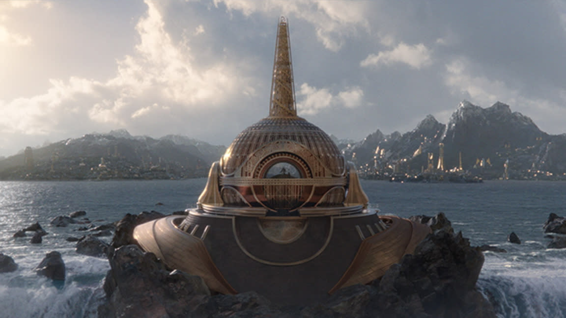  Whiskytree VFX; a domed golden building on a waterfall from Thor. 