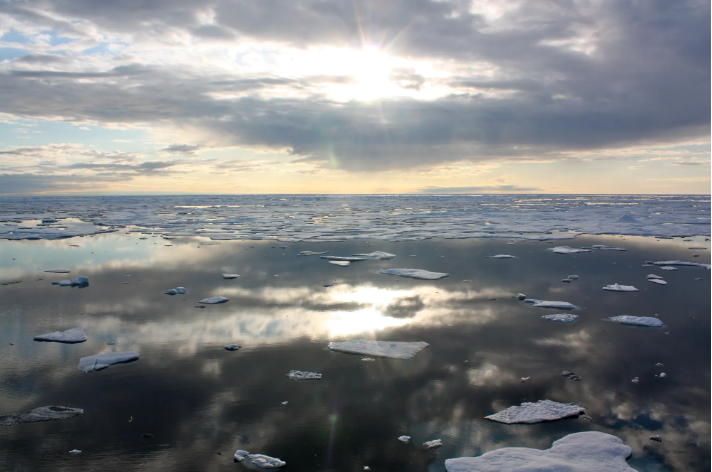 Sunlight reflects from the  Chukchi Sea, a part of the Arctic Ocean.