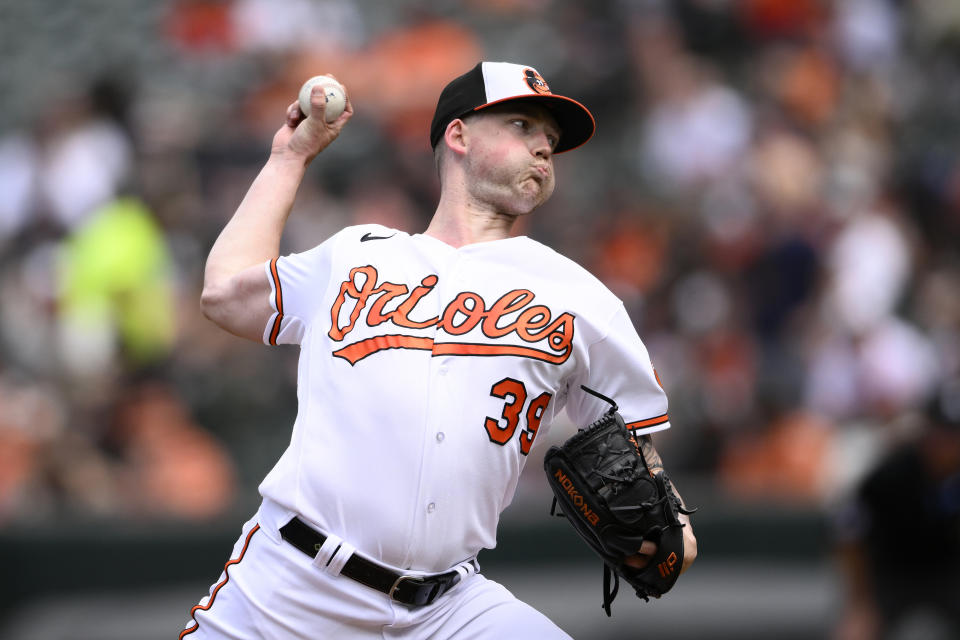 Baltimore Orioles starting pitcher Kyle Bradish throws during the third inning of a baseball game against the Texas Rangers, Sunday, May 28, 2023, in Baltimore. (AP Photo/Nick Wass)