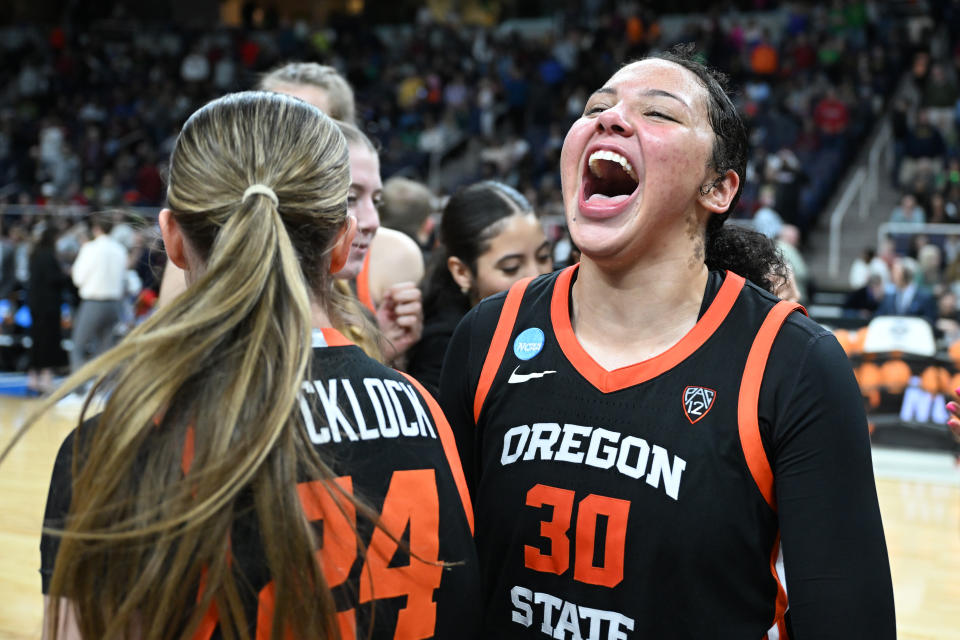 Oregon State's Timea Gardiner celebrates after her team's win over Notre Dame on Friday. (Greg Fiume/NCAA Photos via Getty Images)