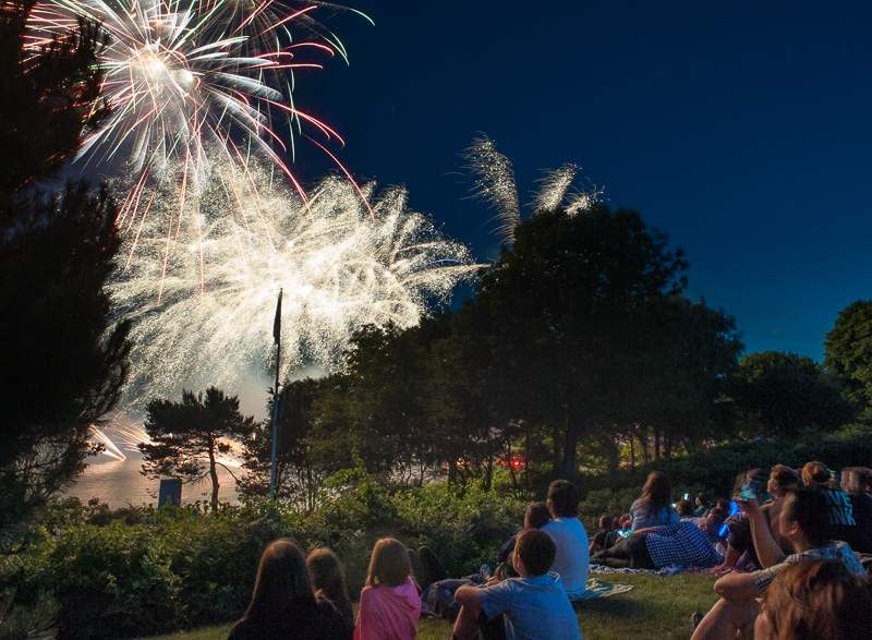 Independence Day revelers enjoy a York Harbor fireworks display in 2016 at Hartley Mason Reservation Park.