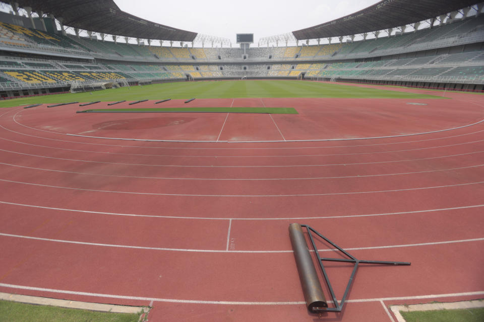 A maintenance equipment is left on the track of Gelora Bung Tomo Stadium, one of the venues prepared to host FIFA U-20 World Cup, in Surabaya, East Java, Indonesia, Thursday, March 30, 2023. Indonesia was stripped of hosting rights for the Under-20 World Cup on Wednesday only eight weeks before the start of the tournament amid political turmoil regarding Israel's participation. (AP Photo/Trisnadi)