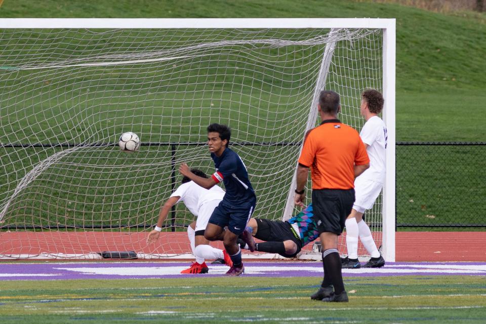 Beacon's Andre Alzate scores the 3rd goal of the game in the New York State Class A Soccer Semifinals in Monroe, NY on November 12, 2022. ALLYSE PULLIAM/For the Poughkeepsie Journal