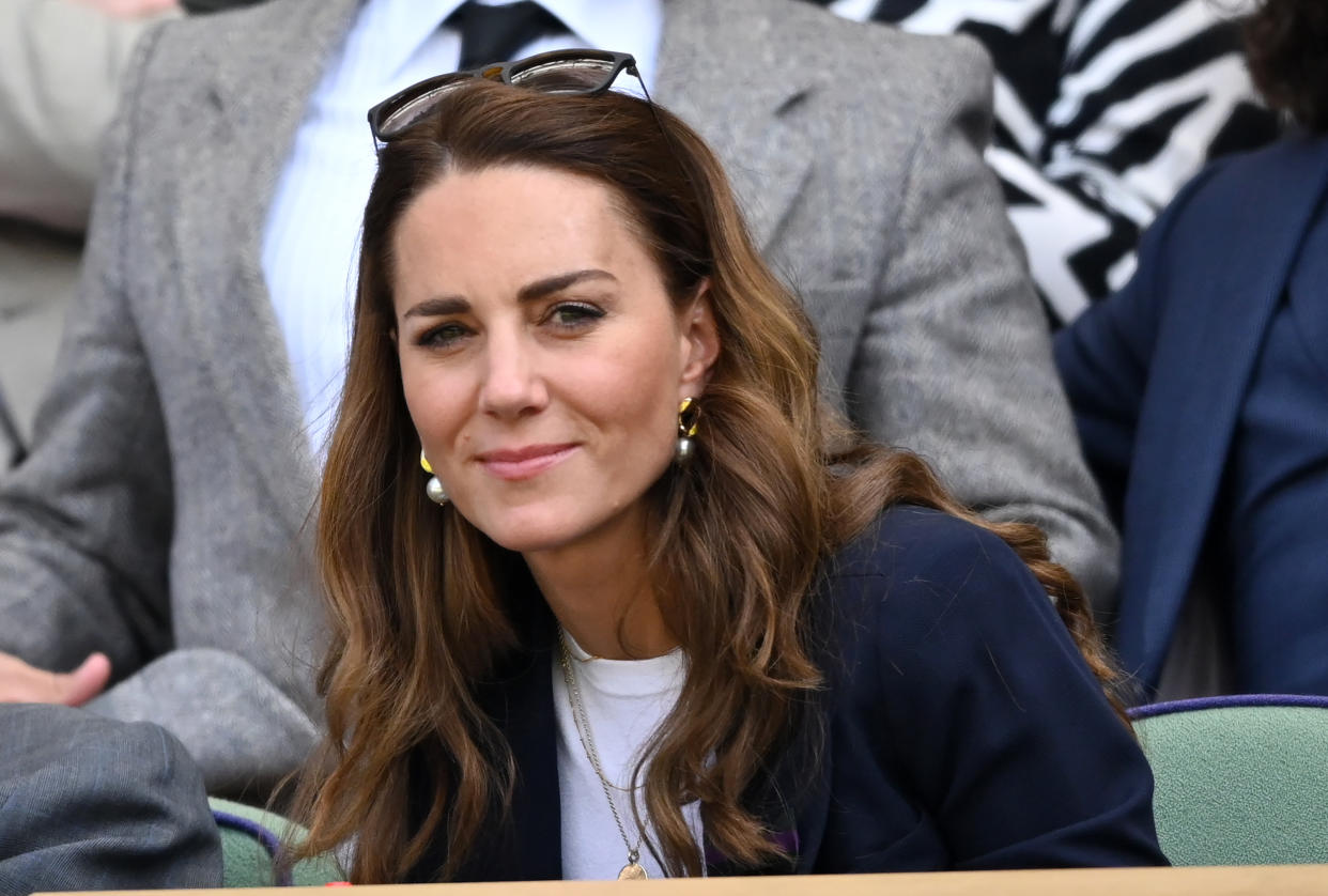 LONDON, ENGLAND - JULY 02: Catherine, Duchess of Cambridge attends the Wimbledon Tennis Championships at the All England Lawn Tennis and Croquet Club on July 02, 2021 in London, England. (Photo by Karwai Tang/WireImage)