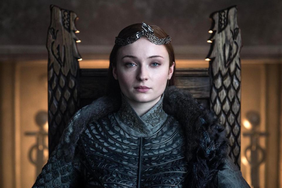 Sophie Turner on her throne as Sansa Stark (HELEN SLOAN/HBO)