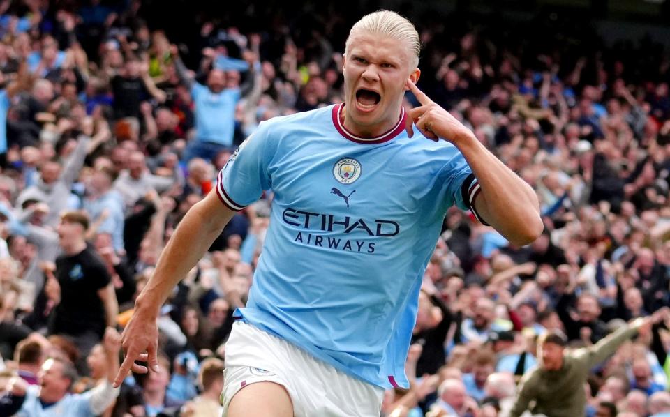 Erling Haaland scores - Matt McNulty/Manchester City FC via Getty Images