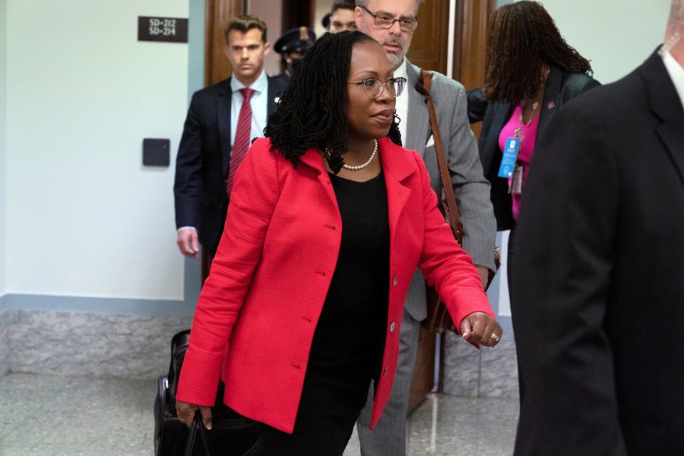 Supreme Court nominee Ketanji Brown Jackson arrives for the second day of her confirmation hearing before the Senate Judiciary Committee, Tuesday, March 22, 2022, in Washington.