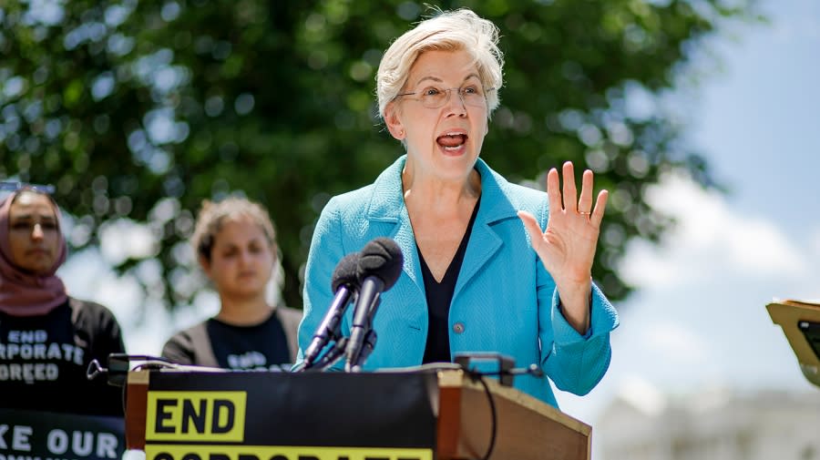 Sen. Elizabeth Warren (D-Mass.) addresses reporters during a press conference on Thursday, July 14, 2022 to discuss corporate greed.