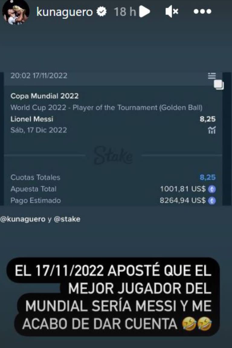 Sergio Kun Agüero subió a su cuenta de Instagram la apuesta que había hecho en favor de su amigo Lionel Messi, donde puede verse el monto que apostó y lo que ganó