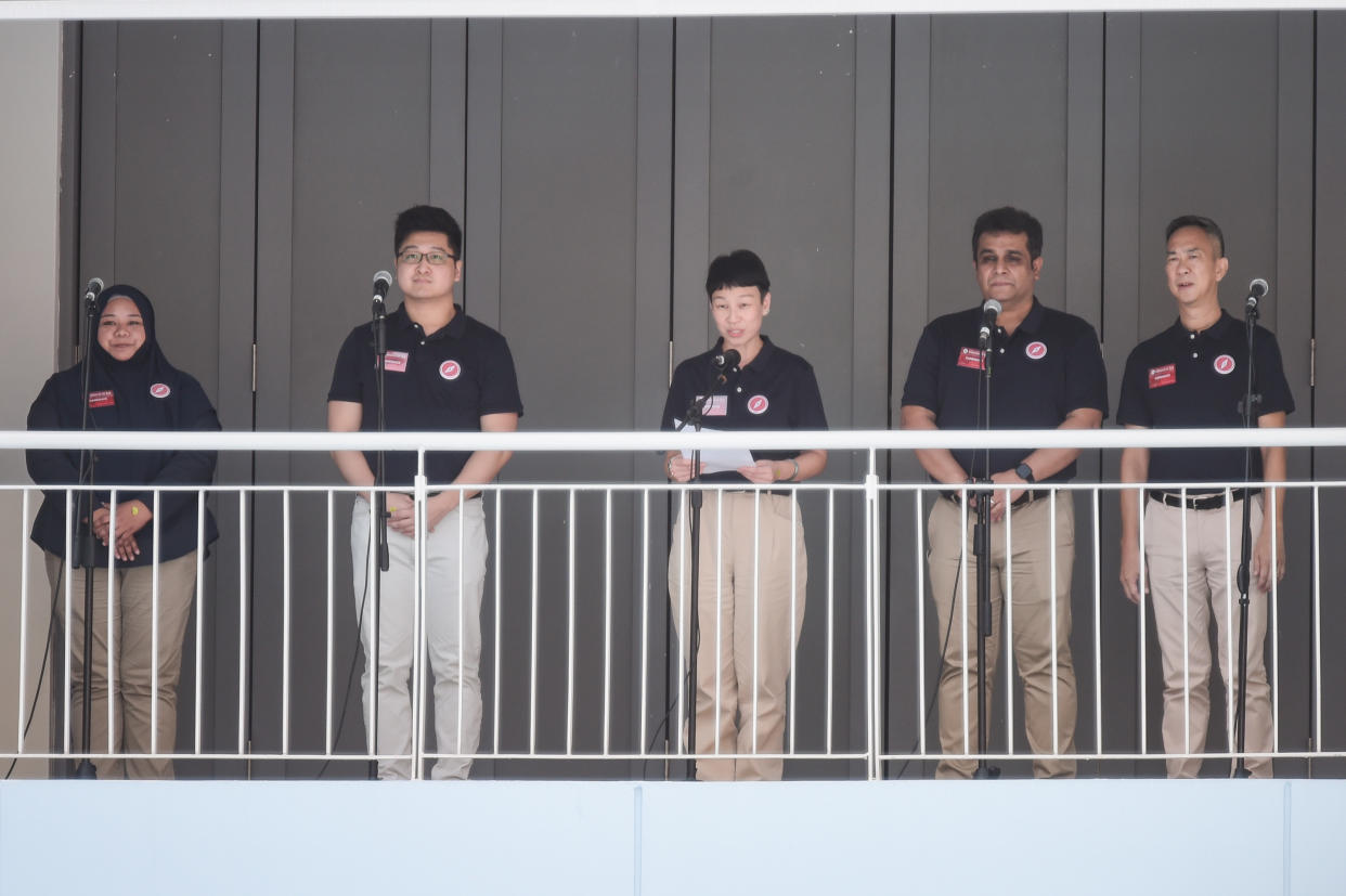 RDU Jurong GRC candidates (from left) Liyana Dhamirah, Nicholas Tang, Michelle Lee, Ravi Philemon and Alec Tok Kim Yam give their thank you speech at Nan Hua High School on Nomination Day (30 June). (PHOTO: Joseph Nair for Yahoo News Singapore)