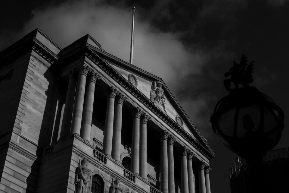 (EDITOR'S NOTE: image has been converted to black and white) General view of the Bank of England, on March 16, 2020 in London, England. Photo: Alberto Pezzali/NurPhoto via Getty Images