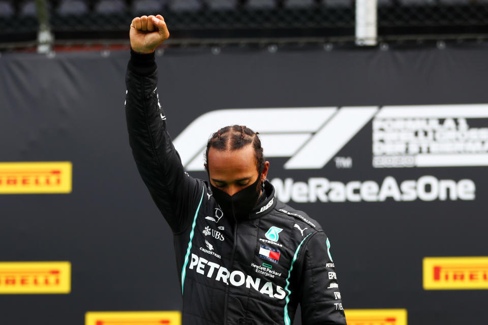 Lewis Hamilton raised his fist in the Black power salute after winning the Styrian Grand Prix. (Photo by Dan Istitene - Formula 1/Formula 1 via Getty Images)