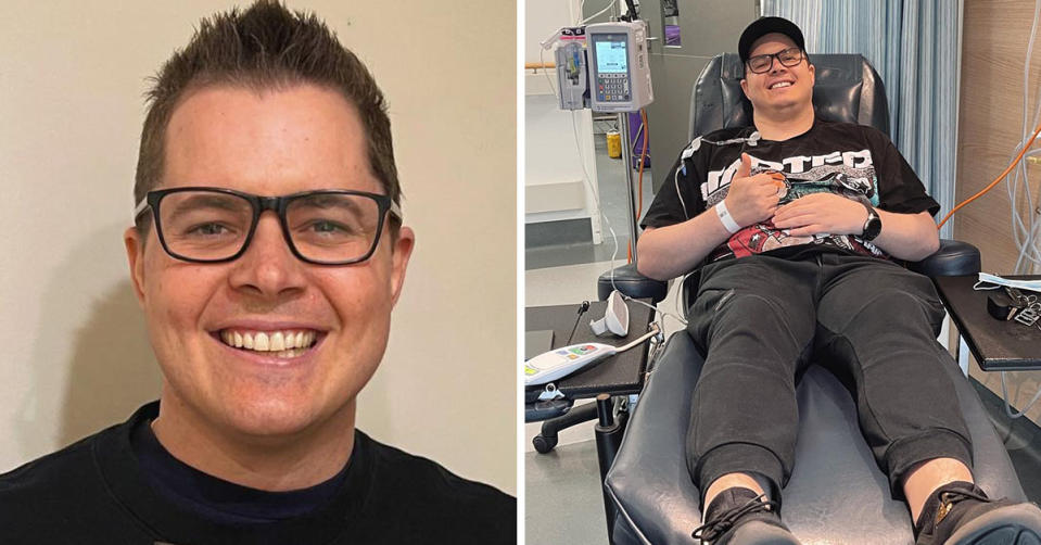 L: Home and Away star Johnny Ruffo against a beige wall. R: Home and Away's Johnny Ruffo receiving chemotherapy in a hospital