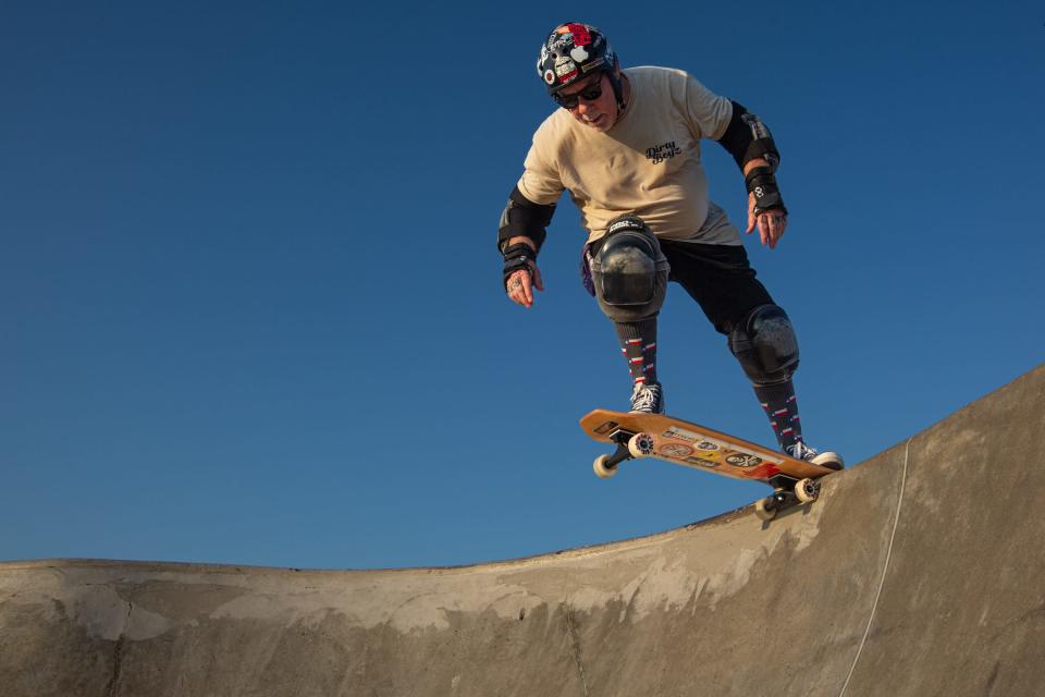 Jimmy Gonzalez, 69, drops-in at the Cole Park skatepark on June 16, 2023, in Corpus Christi, Texas. Gonzalez was featured in a Caller-Times article about skateboarding beyond childhood in 1979, when he was 25 years old.