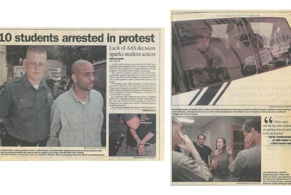 Newspaper cutouts of The Daily Texan on May 4, 1999 showing images of students getting arrested during a rally. <cite>Credit: Texas Student Media/The Daily Texan</cite>