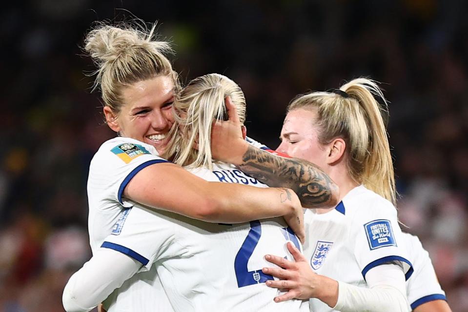 Alessia Russo of England celebrates with teammates Millie Bright and Lauren Hemp (The FA via Getty Images)