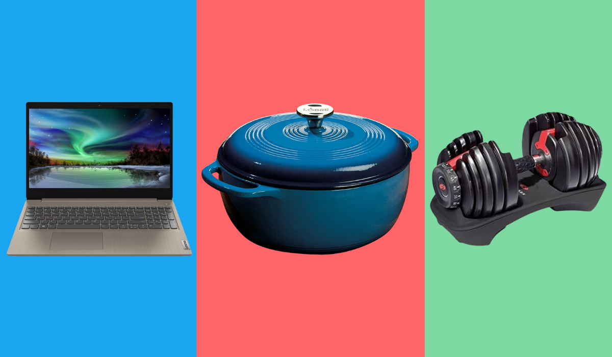 laptop, blue Dutch oven, and adjustable dumbbell