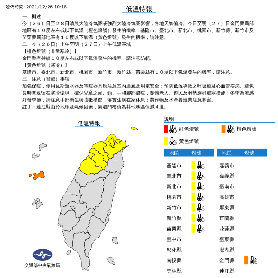 北部及金門可能會出現10度以下低溫。   圖：中央氣象局／提供