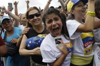 Supporters of opposition Presidential Candidate Henrique Capriles cheer during a campaign rally in Caracas, Venezuela, Sunday, Sept. 30, 2012. Capriles is running against President Hugo Chavez in the country's Oct. 7 election. (AP Photo/Ariana Cubillos)