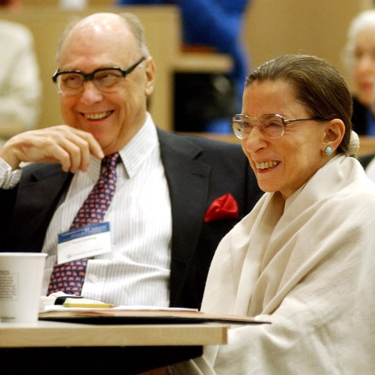 Justice Ruth Bader Ginsburg and her husband, Martin, listen to Justice Stephen Breyer speak at Columbia Law School on Sept. 12, 2003.   
