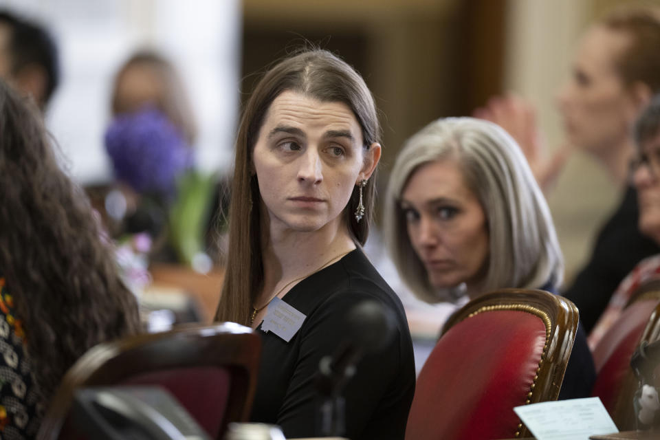Rep. Zooey Zephyr looks on from the House floor during a session at the Montana State Capitol in Helena, Mont., on April 26, 2023. (AP Photo/Tommy Martino)