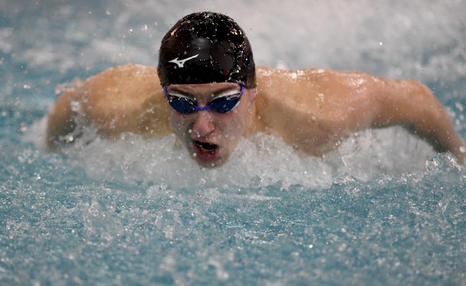 Hoover’s Peter Helmuth competes in Boys 100 Yard Butterfly in 2024 OHSAA Division I State Swimming Prelims at C.T. Branin Natatorium in Canton. Friday, February 23, 2024.