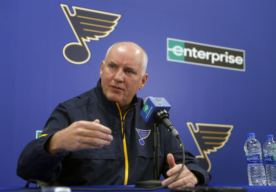 St. Louis Blues general manager Doug Armstrong speaks during a news conference naming Craig Berube interim head coach of the NHL hockey team Tuesday, Nov. 20, 2018, in St. Louis. The Blues fired head coach Mike Yeo following a 2-0 loss to the Los Angeles Kings Monday night. (AP Photo/Jeff Roberson)