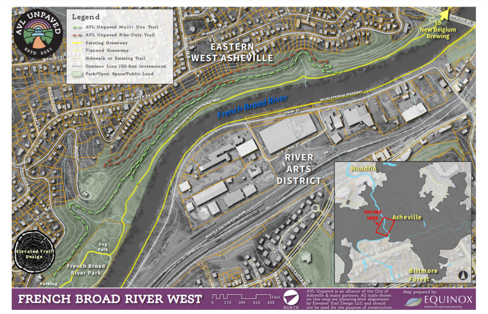 A map of the French Broad River West trail proposed in the AVL Unpaved project.