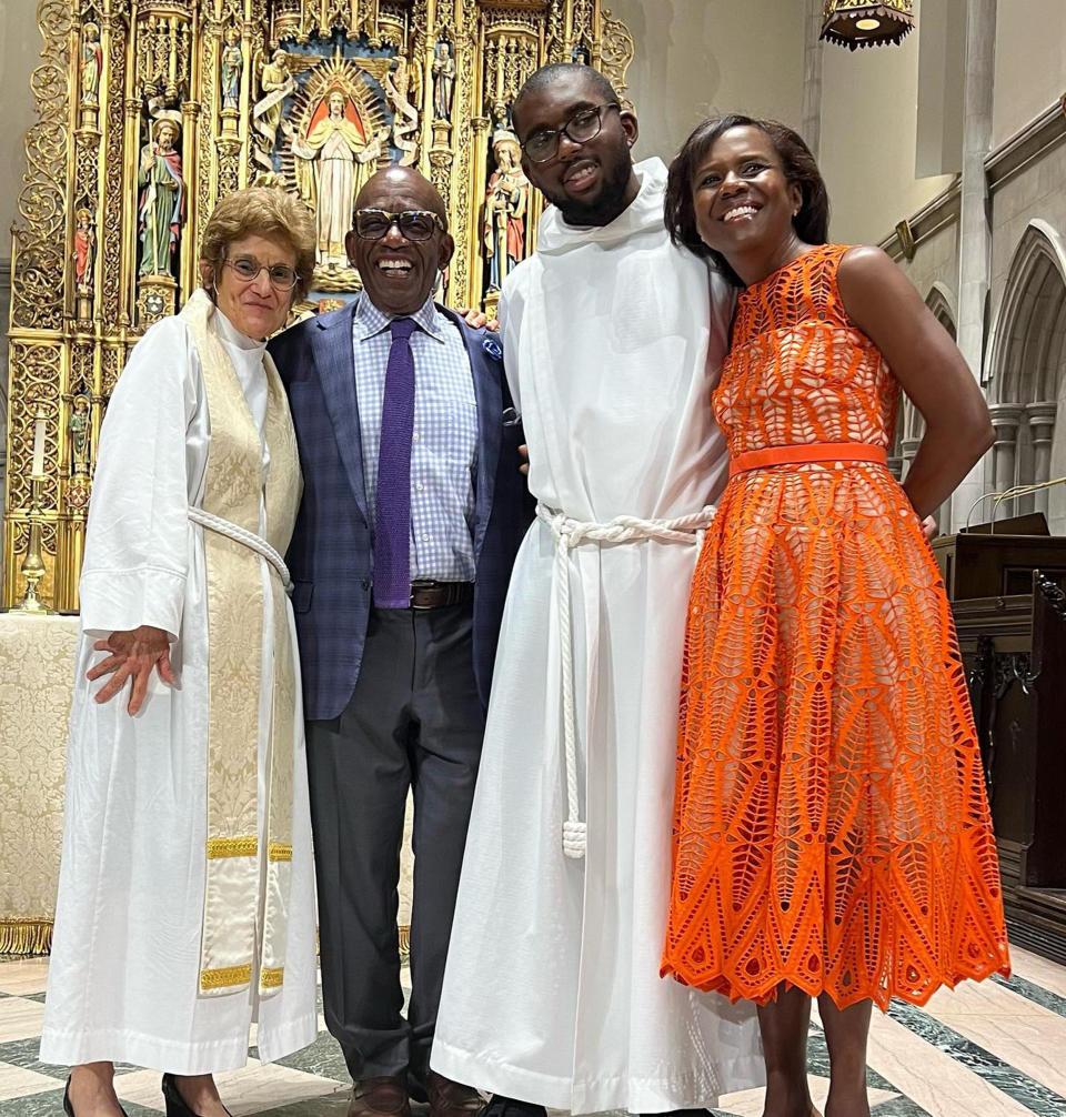 Nick Roker, with parents Al Roker and Deborah Roberts by his side, at New York's St. James' Church. (alroker/ Instagram)