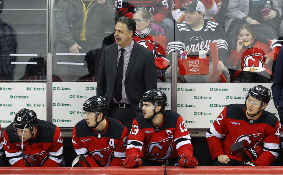 New Jersey Devils interim head coach Travis Green during the third period of an NHL hockey game against the Florida Panthers, Tuesday, March 5, 2024, in Newark, N.J. The Florida Panthers won 5-3. (AP Photo/Noah K. Murray)