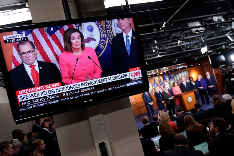 U.S. House Speaker Nancy Pelosi (D-CA) announces the House of Representatives managers for the Senate impeachment trial of U.S. President Donald Trump during a news conference at the U.S. Capitol in Washington