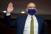 Senior Department of Defense Official for Homeland Defense and Global Security, Robert Salesses is sworn in prior to a Senate Committee on Homeland Security and Governmental Affairs and Senate Committee on Rules and Administration joint hearing examining the January 6, attack on the U.S. Capitol, Wednesday, March 3, 2021, in Washington. (Shawn Thew/Pool via /AP)