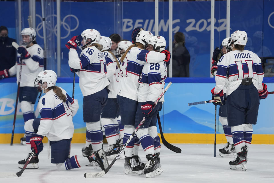 United States reacts after losing to Canada in the women's gold medal hockey game at the 2022 Winter Olympics, Thursday, Feb. 17, 2022, in Beijing. (AP Photo/Petr David Josek)