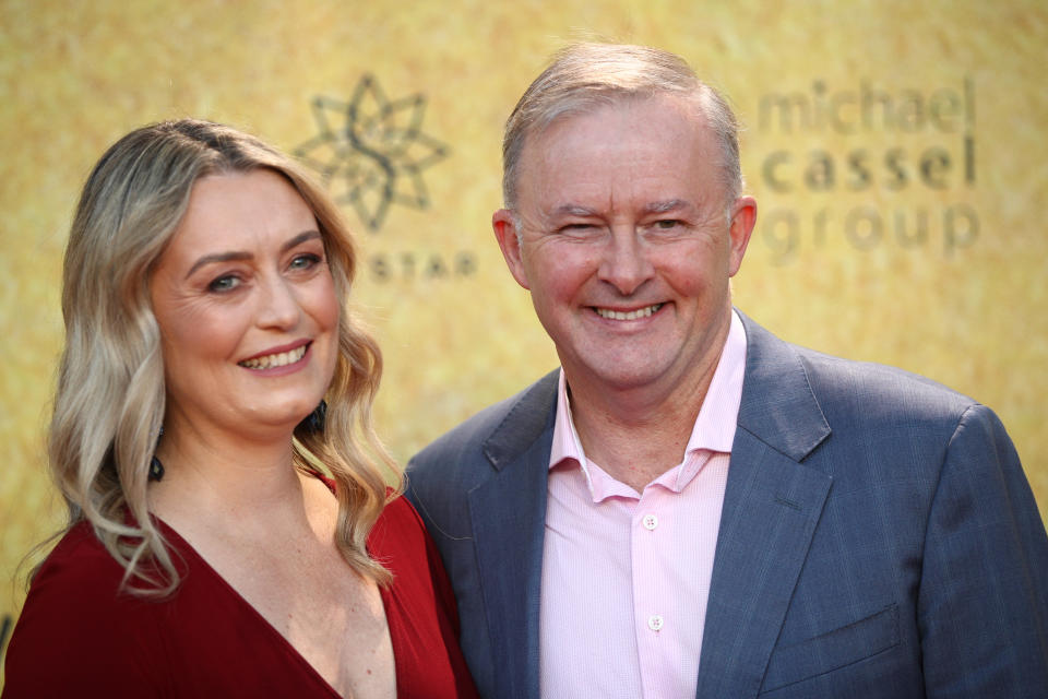 Jodie Haydon and Anthony Albanese smiling at the premiere of Hamilton at Lyric Theatre, Star City 