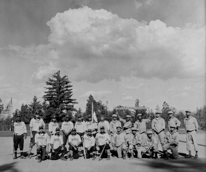 Southern California Vintage Baseball league teams the Perris Prospectors, left, and the Lake Arrowhead Loggers