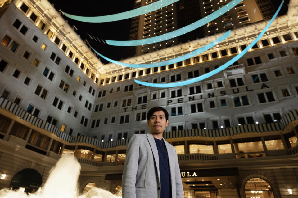 Kingsley Ng, with his artwork "<em>Esmeralda" for Art In Resonance 2024</em><p>Courtesy of The Peninsula Hong Kong</p>