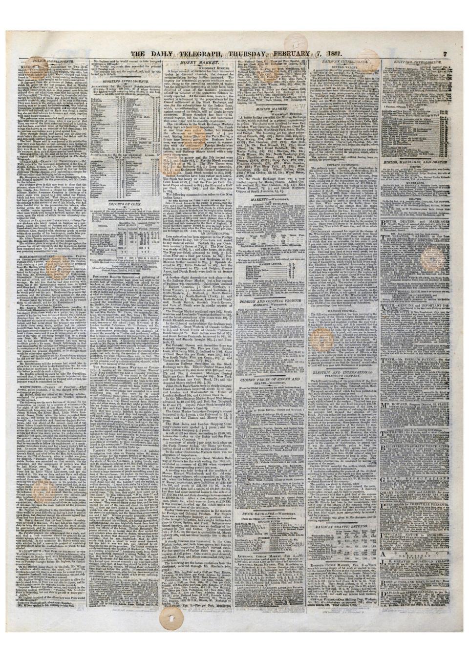 A copy of the 1861 Daily Telegraph from which the balance washers were cut  - Dave Green/davegreenphoto.co.uk
