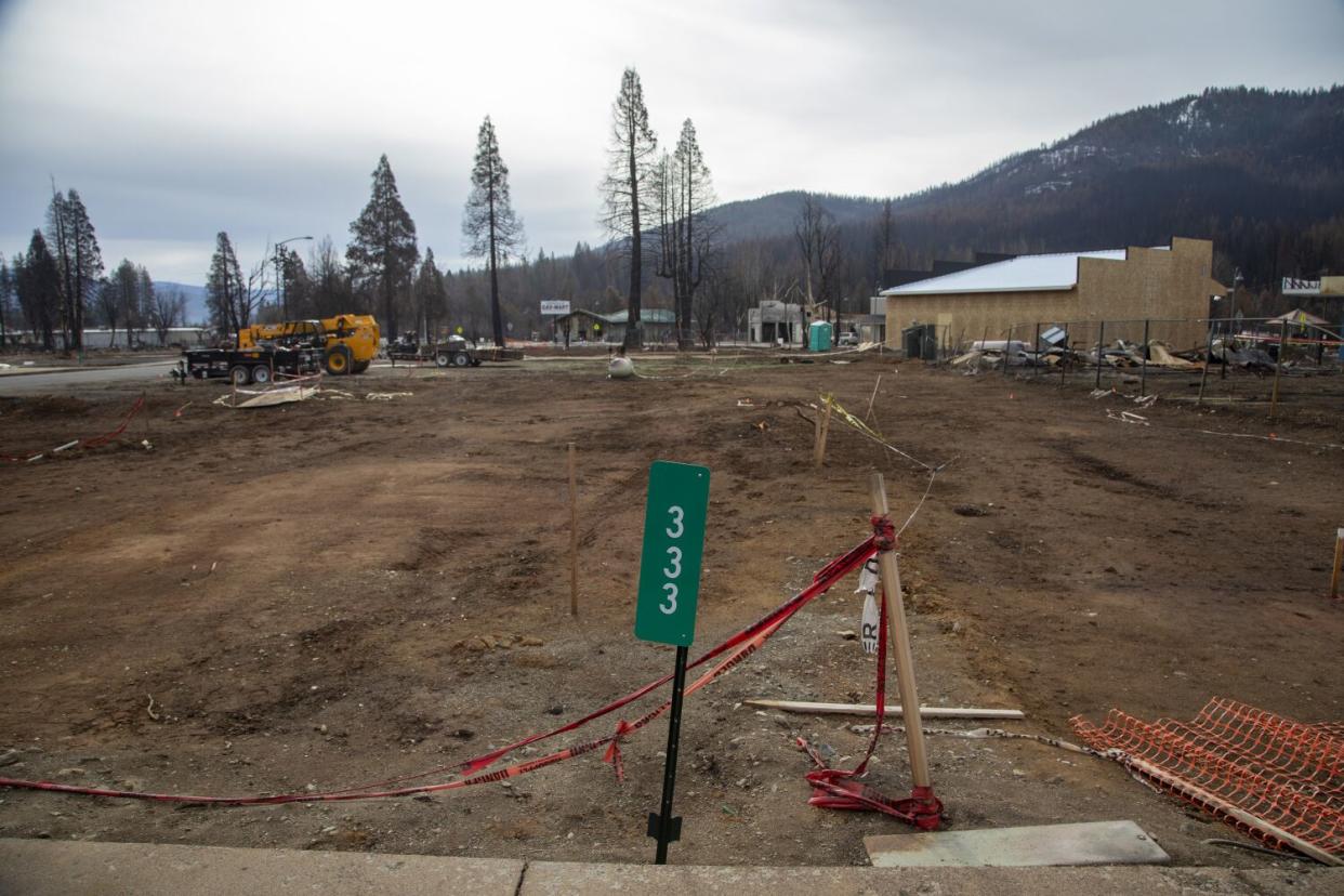 A Gas Mart convenience store, right, was the first structure to be rebuilt in the town of Greenville after the Dixie fire.