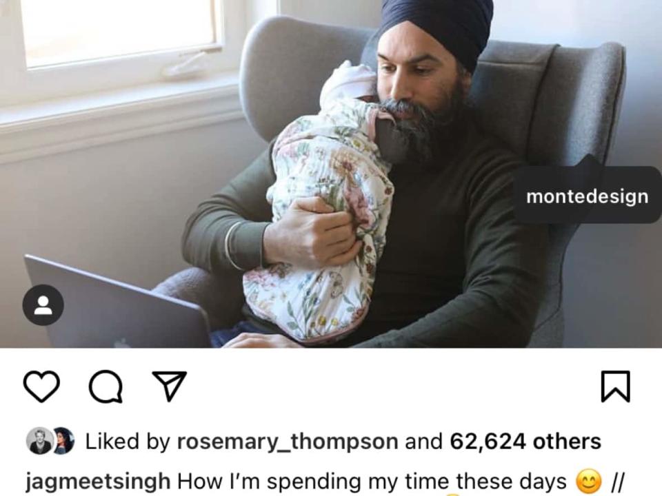 NDP Leader Jagmeet Singh pictured in an Instagram post from his personal account promoting the $1,895 Grand Jackson Rocker by Canadian furniture company Monte. (Jagmeet Singh/Instagram - image credit)