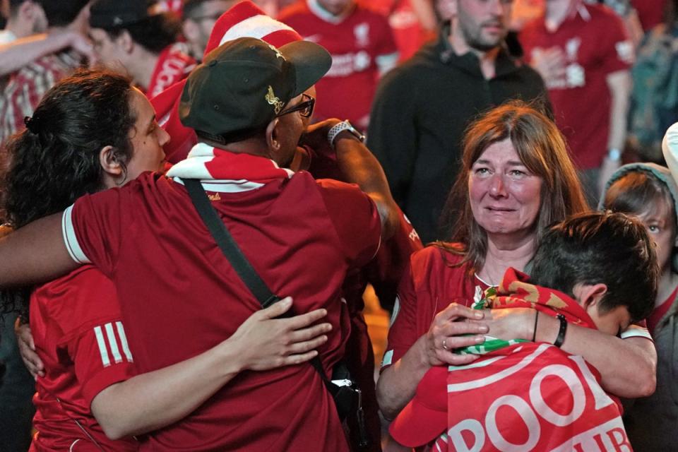 Liverpool fans in the fanzone in Paris, watching on the big screen their team losing to Real Madrid in the Champions League Final (Jacob King/PA) (PA Wire)