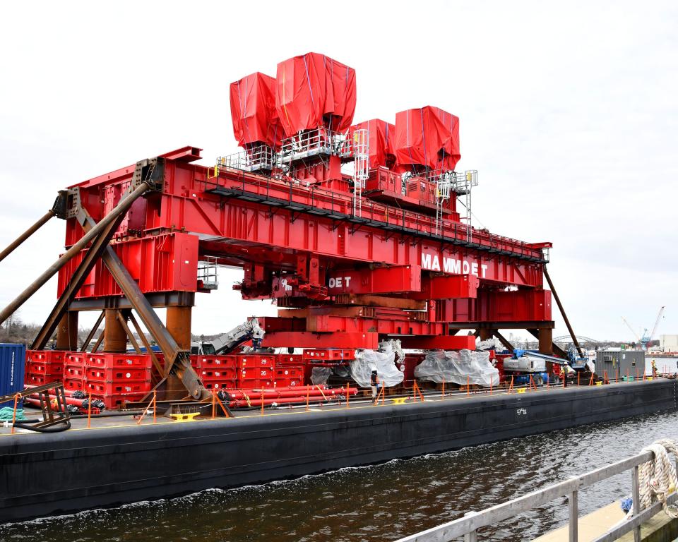 A heavy lift crane arrives at Portsmouth Naval Shipyard on Monday, April 1, 2024.