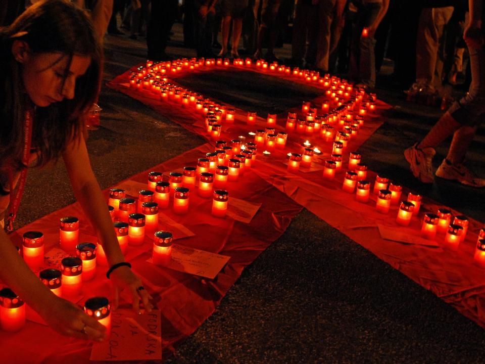 The red ribbon, seen here in Belgrade, has become a symbol for Aids around the world after O’Connell saw the PR potential of involving celebrities with their campaignAFP/Getty