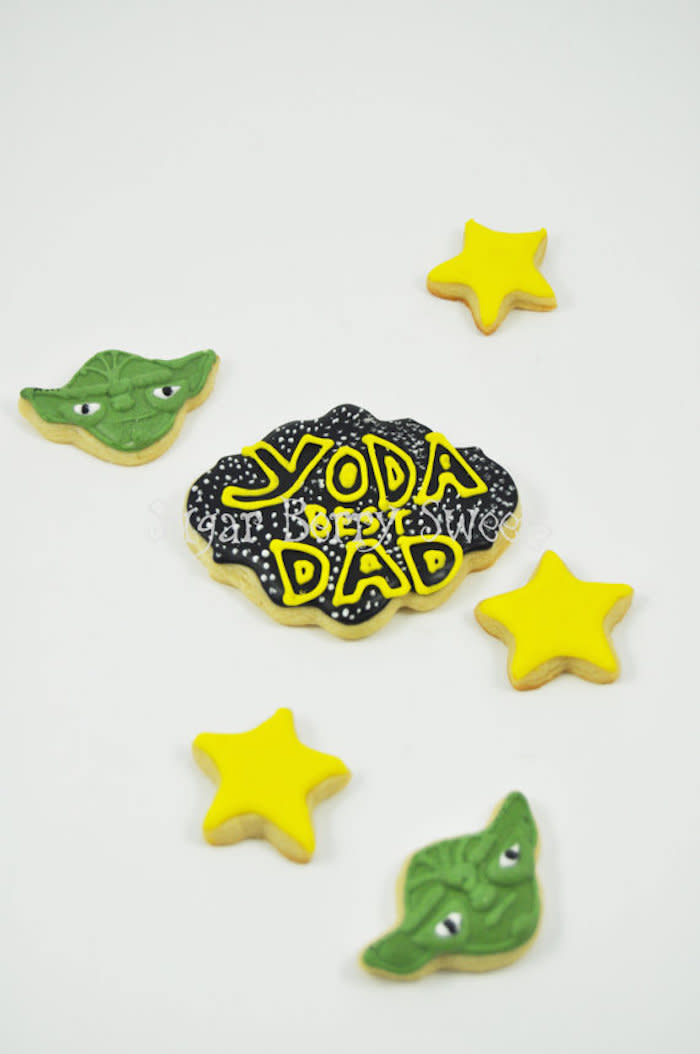 $14, Sugar Berry Sweets. <a href="https://www.etsy.com/listing/293598339/fathers-day-star-wars-cookies-12-dozen" target="_blank">Buy here</a>.